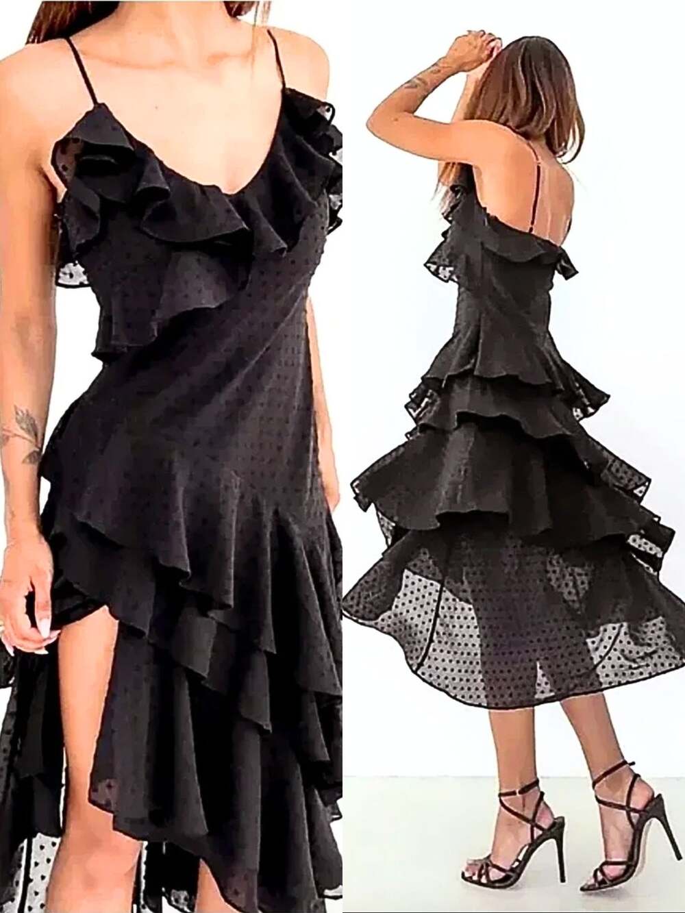 Rumored Black Swiss Dot Ruffle Tiered High Low Midi Dress Party Cocktail Size S